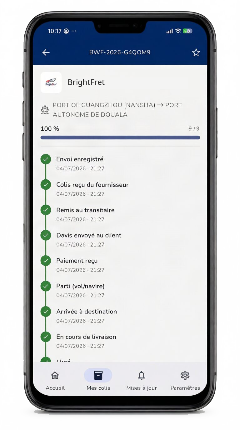 Phone screen showing a shipment tracking timeline with milestone updates