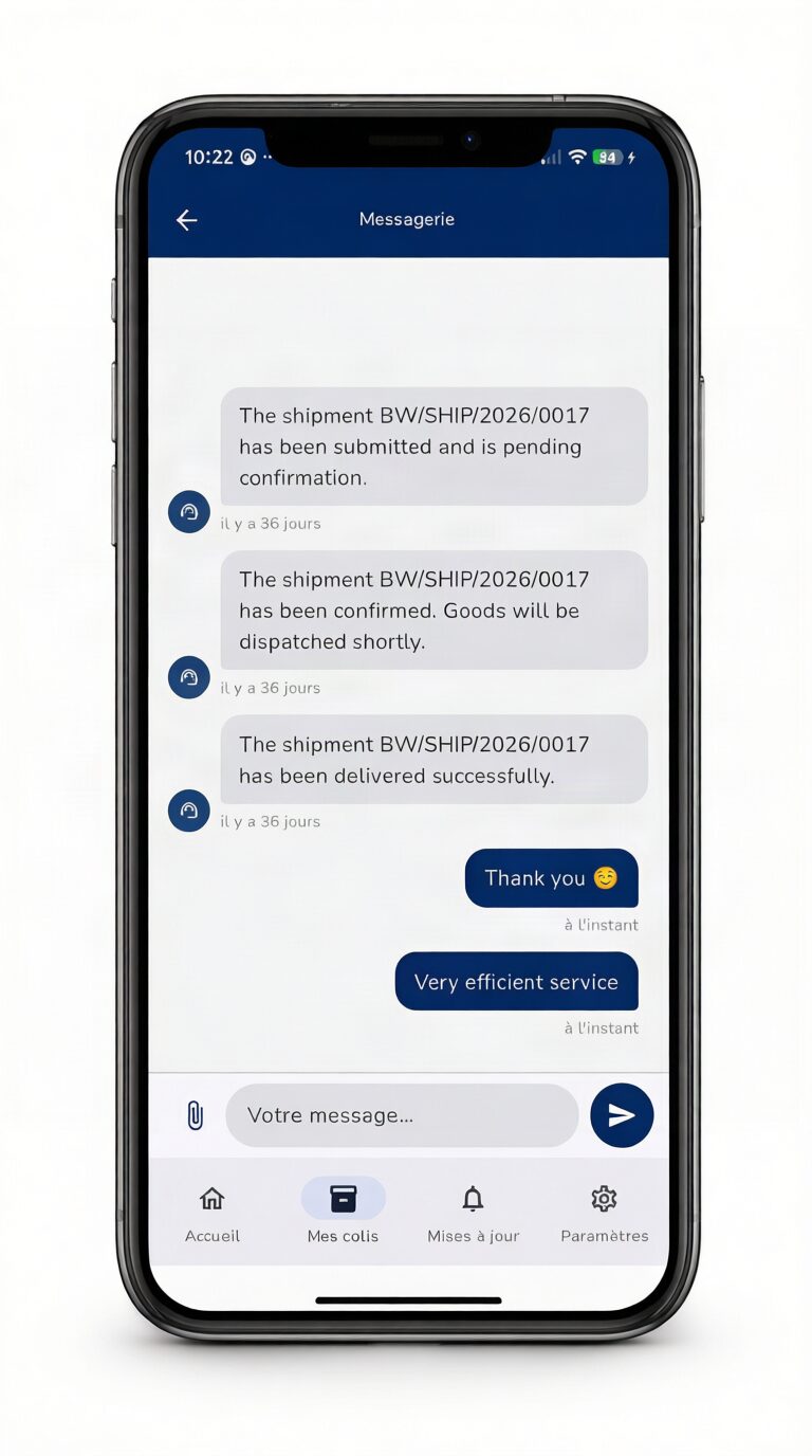 Phone screen showing in-app messaging with a shipment contact